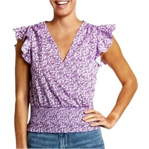 Women 1 State Purple Ditsy Floral Ruffle Smocked Top L Cottage Coquette Country